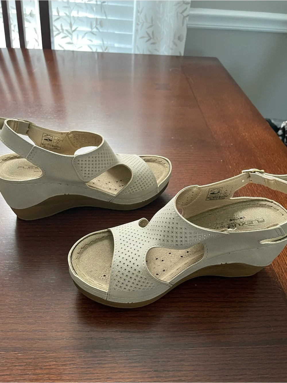 Neutral Perforated Wedge Sandals with Adjustable Ankle Strap
